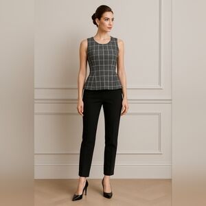 White House Black Market Windowpane Peplum Top M Black Plaid Office Chic